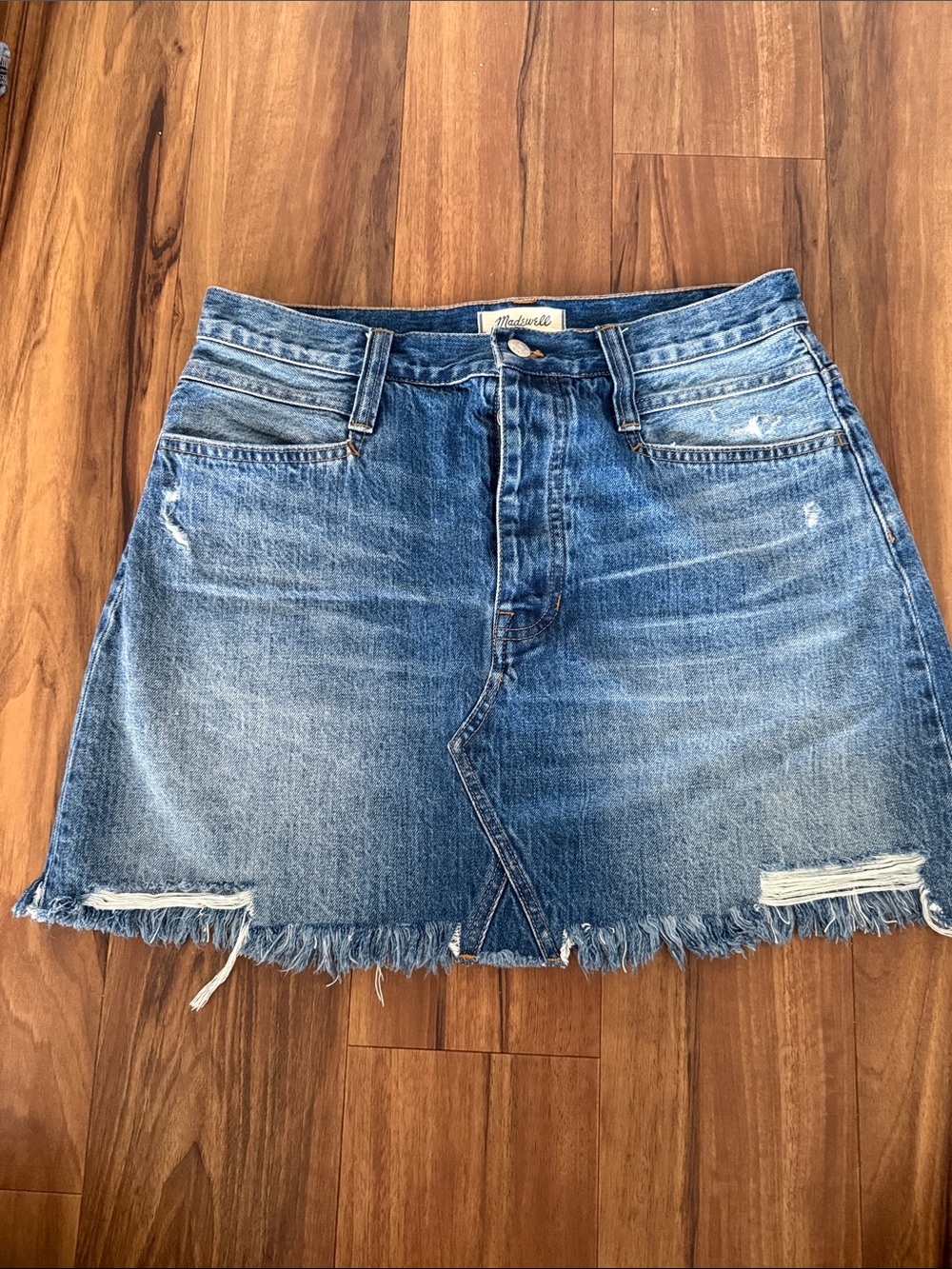 Madewell Light Blue Distressed Denim Mini Skirt with Frayed Hem